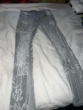 Gray Graffiti-Print Wide Leg Jeans